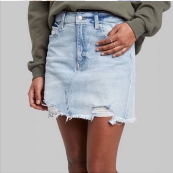 NWT Wild Fable Denim Jean Mini Skirt High Rise Distressed Stretch  sz 14 - Picture 1 of 7